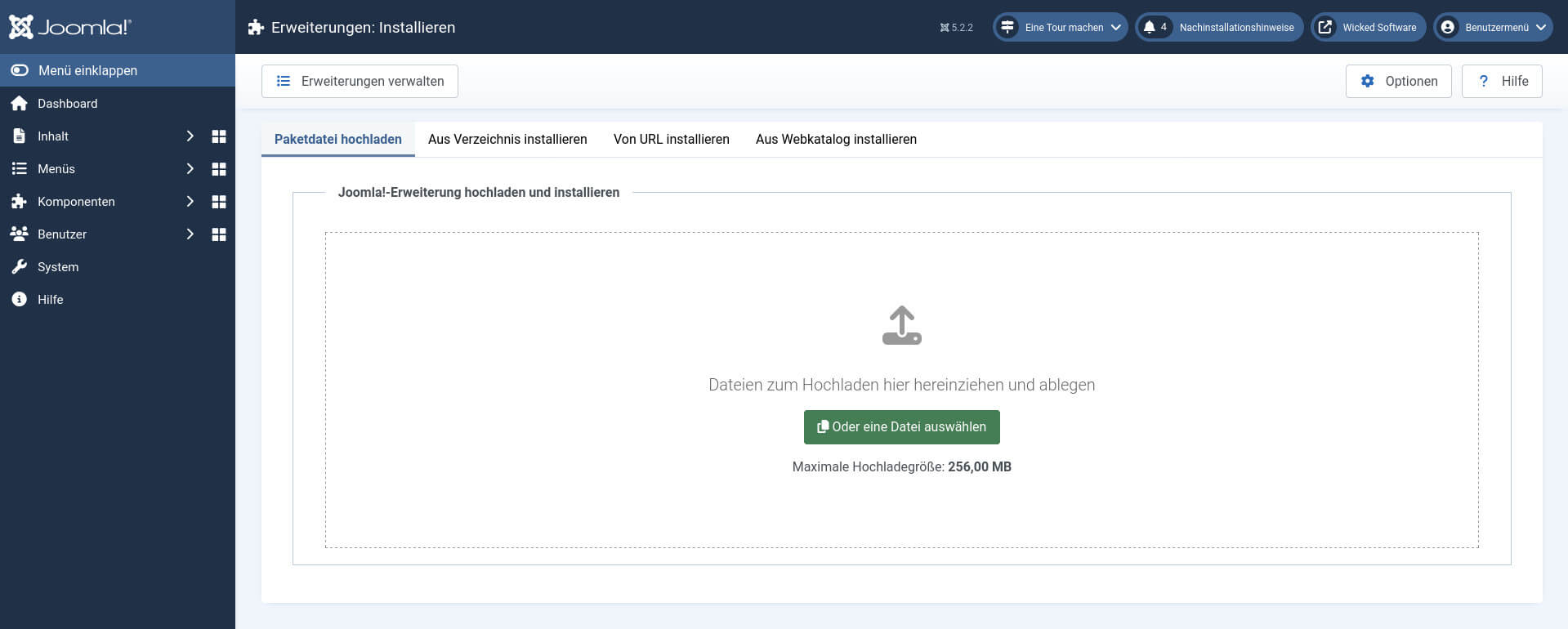 Installationsansicht Joomla! Backend